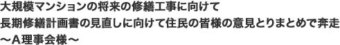 大規模マンションの将来の修繕工事に向けて、長期修繕計画書の見直しに向けて住民の皆様の意見とりまとめで奔走～A理事会様～